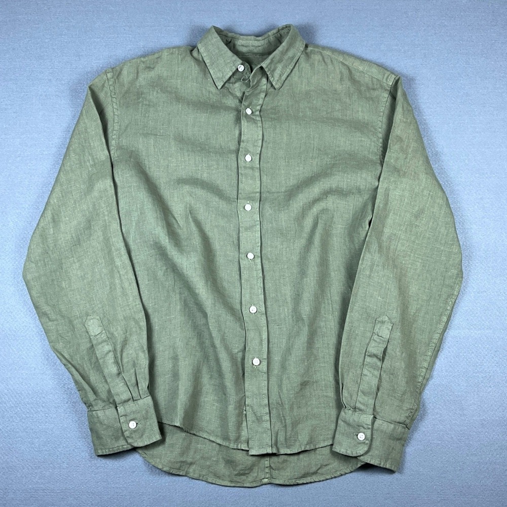 Frank & Eileen Finbar Mens XS Green 100% Linen Button Down Shirt Long